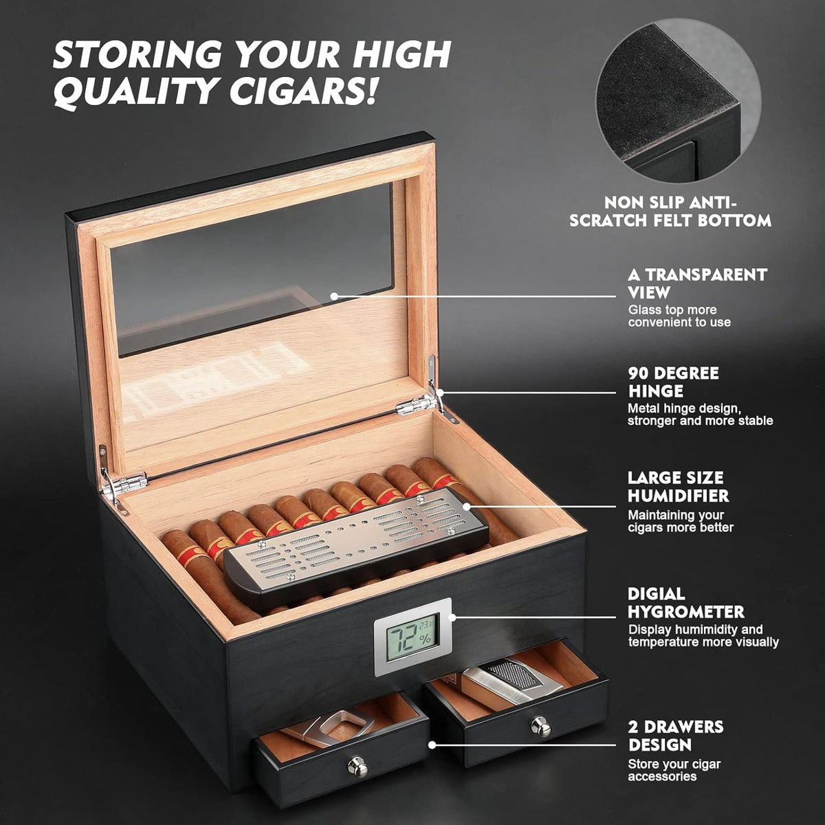 Cigar Humidor with 2 Drawers,Cigar Accessories with Humidifier,Humidor Cigar Box Solid Cedar Wood,Cigar Gifts for Men,Glass Top Humidor,Cigar Case Fit 25-50 Cigars,Desktop Cigar Box