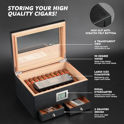 Cigar Humidor with 2 Drawers,Cigar Accessories with Humidifier,Humidor Cigar Box Solid Cedar Wood,Cigar Gifts for Men,Glass Top Humidor,Cigar Case Fit 25-50 Cigars,Desktop Cigar Box