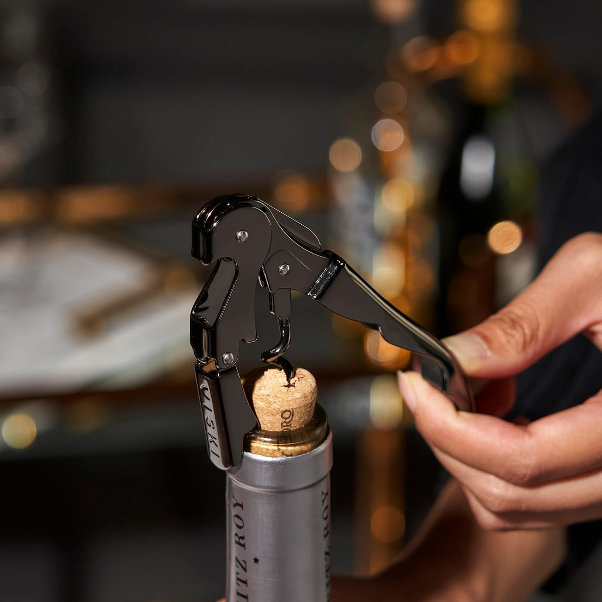 Gunmetal Signature Double Hinged Waiters Corkscrew Wine Opener, Stainless Steel with Built-In Bottle Opener & Foil Cutter for Home Bar, Kitchen, Travel, Gifts for Wine Lovers, Set of 1, Black