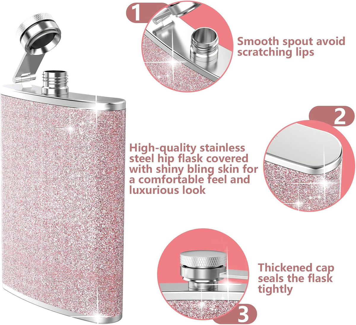 Hip Flask,  8Oz Flasks for Liquor Stainless Steel Spirit with Never-Lose Cap and Funnel Leakproof Thin Portable Metal for Camping Outdoor Activitie Wedding Party Gift, Pink