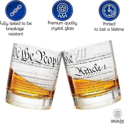 Whiskey Glasses – United States Constitution We the People (Set of 2) - 10 Oz Tumblers - American US Patriotic Gift Set - Old Fashioned Cocktail Glasses