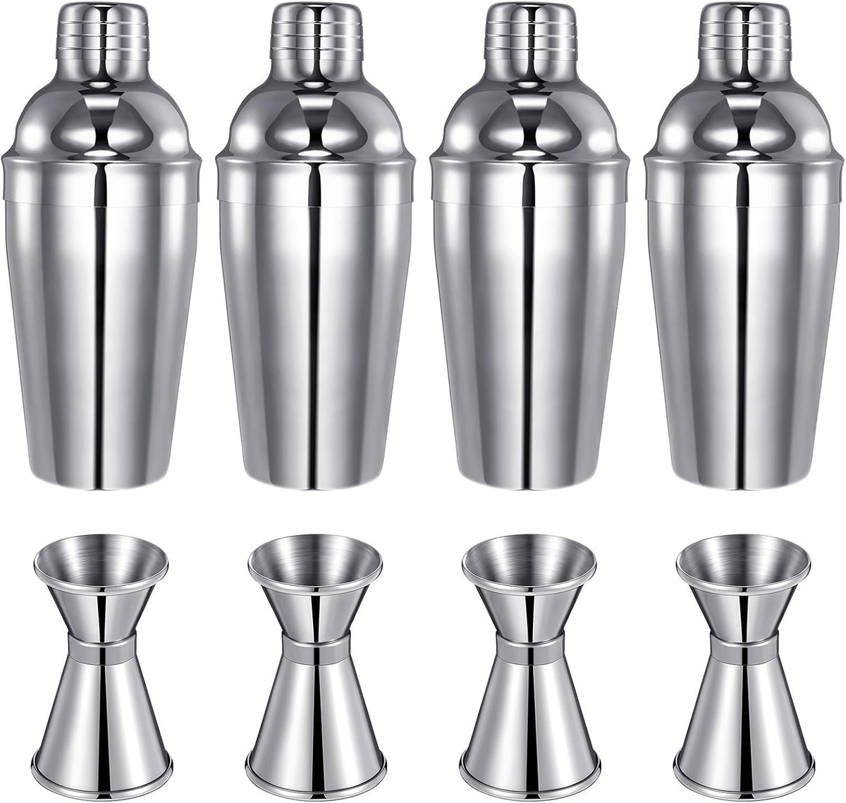 Cocktail Shaker Set Martini Shaker Bulk Stainless Steel Martini Mixer with Strainer and Double Measuring Jigger for Bar Party Home Use Wine Bar(18 Oz/ 550 Ml,4 Packs)