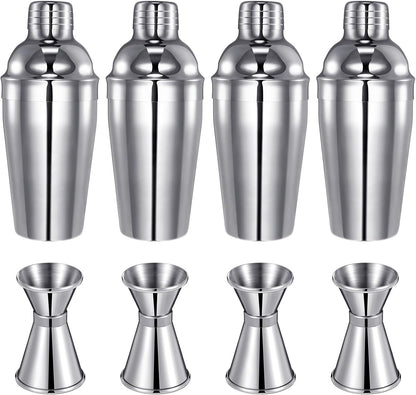 Cocktail Shaker Set Martini Shaker Bulk Stainless Steel Martini Mixer with Strainer and Double Measuring Jigger for Bar Party Home Use Wine Bar(18 Oz/ 550 Ml,4 Packs)