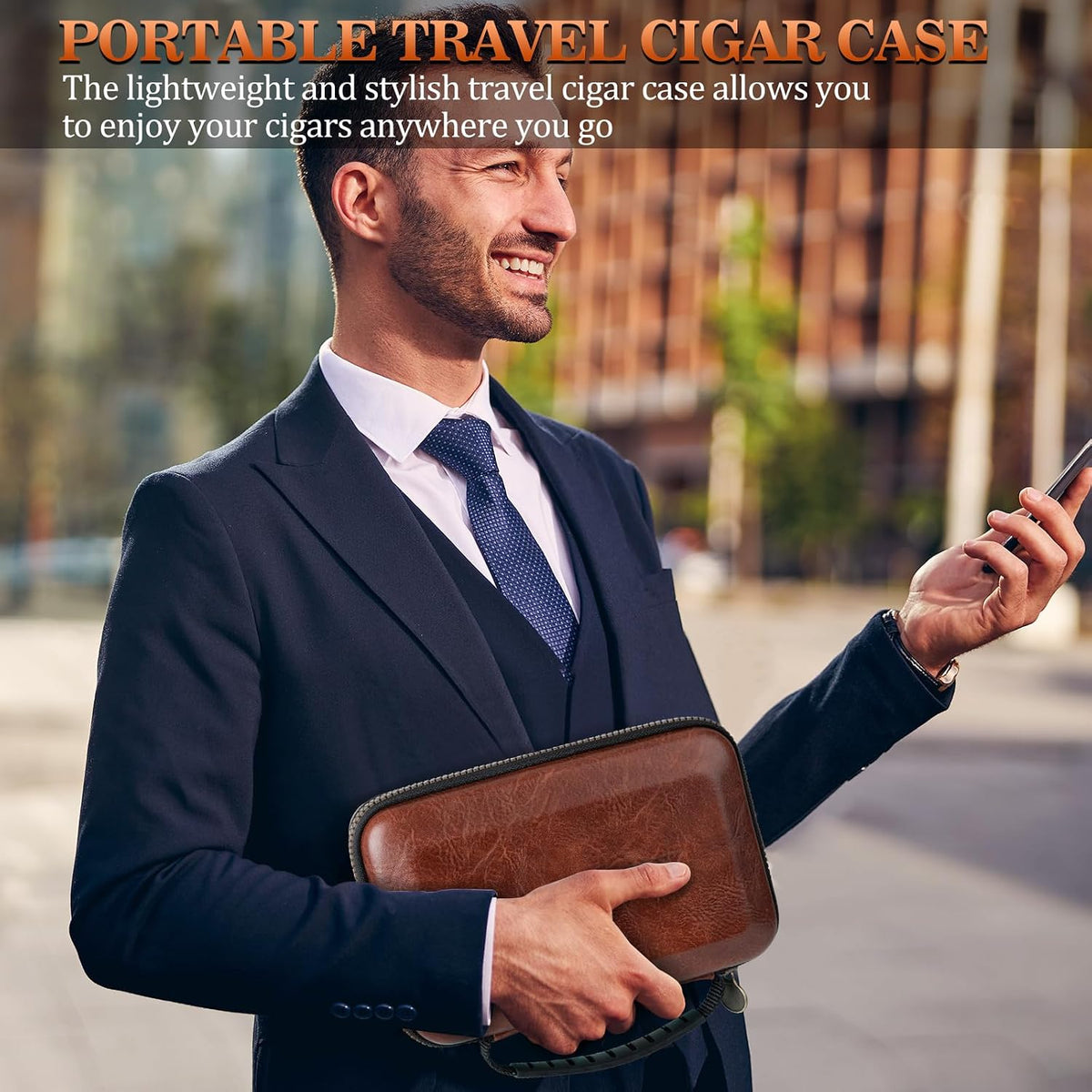 Travel Cigar Humidor Case, Portable Cigar Bag with 4 Cigar Tubes, Leather Cigar Case Include Straight Cutter, V Cutter, Hole Puncher, Gift Set for Cigar Lovers, Lighter Not Included (Brown)
