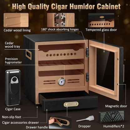 Cigar Humidor Cabinet, Cigar Cabinet Humidor with Spanish Cedar Wood Drawer, Precision Hygrometer, 2 Humidifiers, Cigar Accessories Drawer and Travel Cigar Case, Christmas for Cigar Lovers