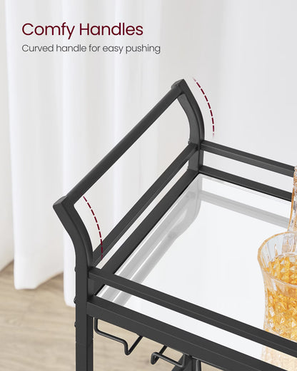 Bar Cart, Home Bar Serving Cart, Small Bar Cart with 3-Tier Shelf, Wine Holders, Glass Holders, Mini Bar Cart for Small Spaces, Ink Black