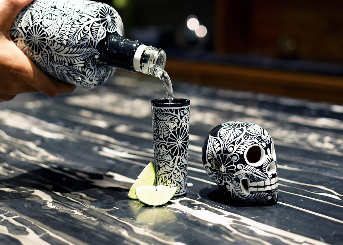 Tequila Decanter Set, Liquor Decanter with Shot Glasses and Mexican Sombrero, Hand-Painted Decanter, Skull Decanter, Bar Decoration, Unique Tequila Gift, Gift for Dad, (Black Decanter Set)