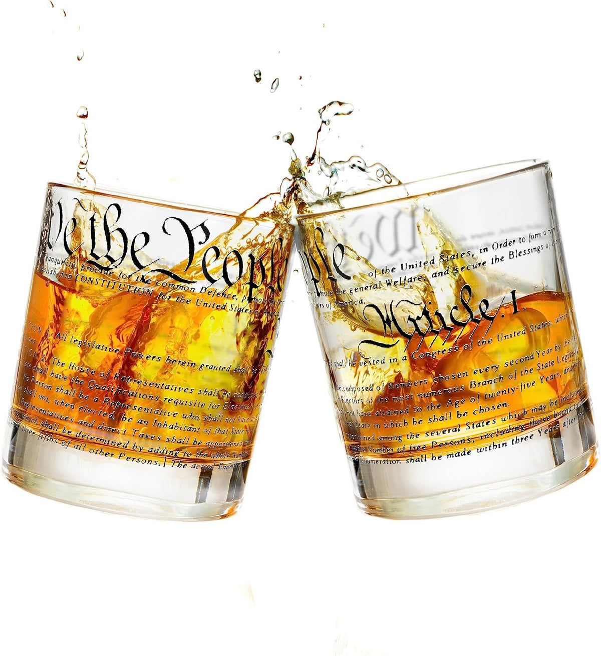 Whiskey Glasses – United States Constitution We the People (Set of 2) - 10 Oz Tumblers - American US Patriotic Gift Set - Old Fashioned Cocktail Glasses