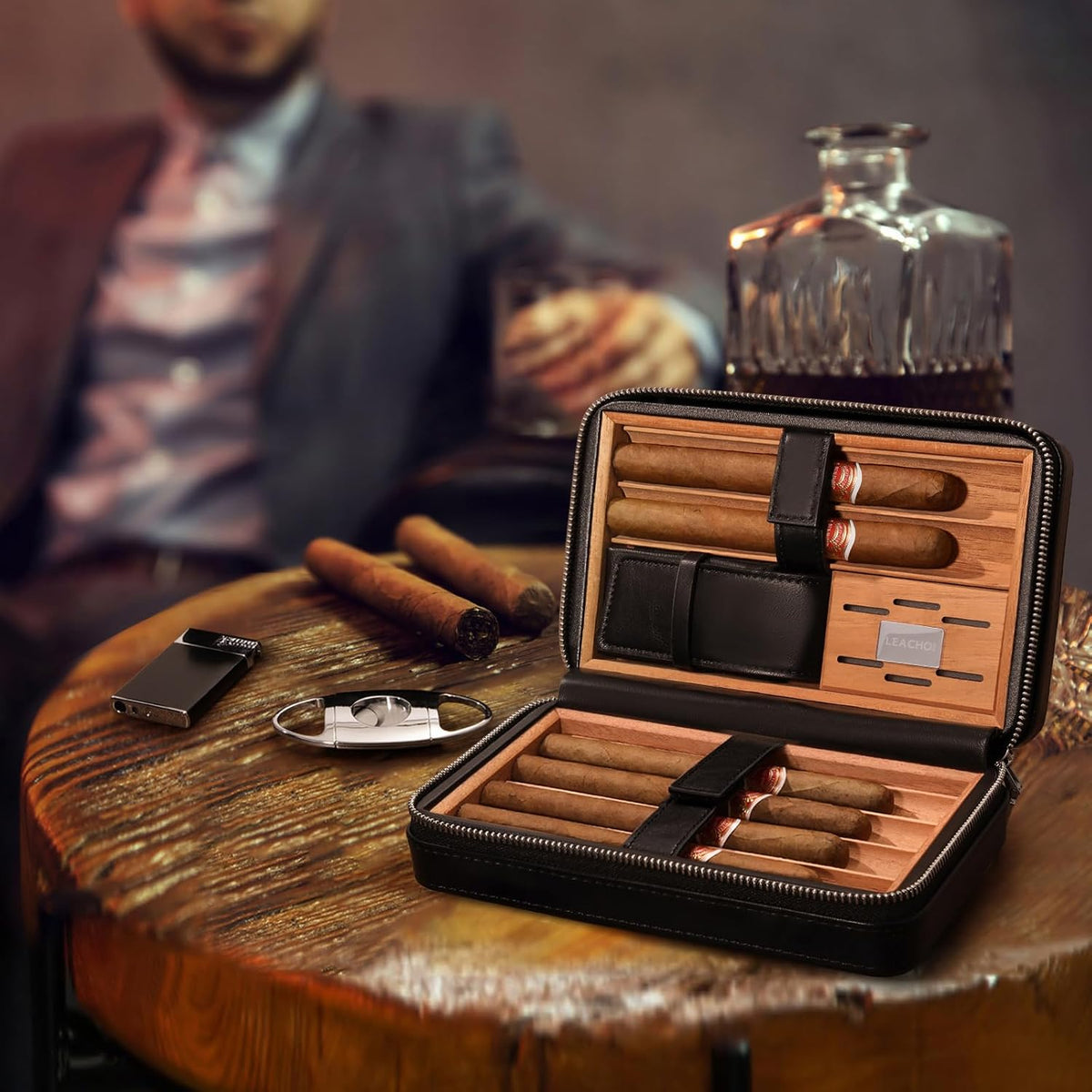 Cigar Humidor, Leather Cigar Case with Cedar Wood Lined, Portable Travel Cigar Humidor with Lighter and Cutter, Cigar Accessory Set, Cigar Gift Set - Black