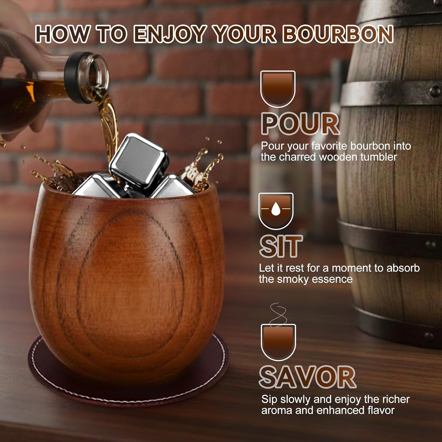 Charred Wooden Bourbon Drinking Glass Wooden Whiskey Glasses Set of 2 17-Piece Complete Whiskey Gift Set Old Fashioned Glass Bourbon Gifts for Men Dad, Husband, Brother (Silver Accents)