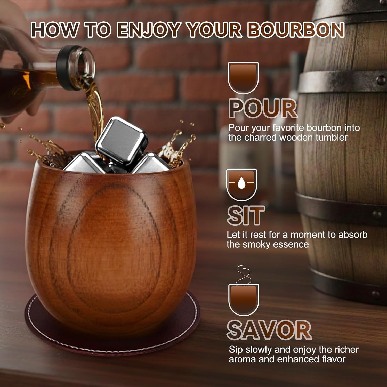 Charred Wooden Bourbon Drinking Glass Wooden Whiskey Glasses Set of 2 17-Piece Complete Whiskey Gift Set Old Fashioned Glass Bourbon Gifts for Men Dad, Husband, Brother (Silver Accents)