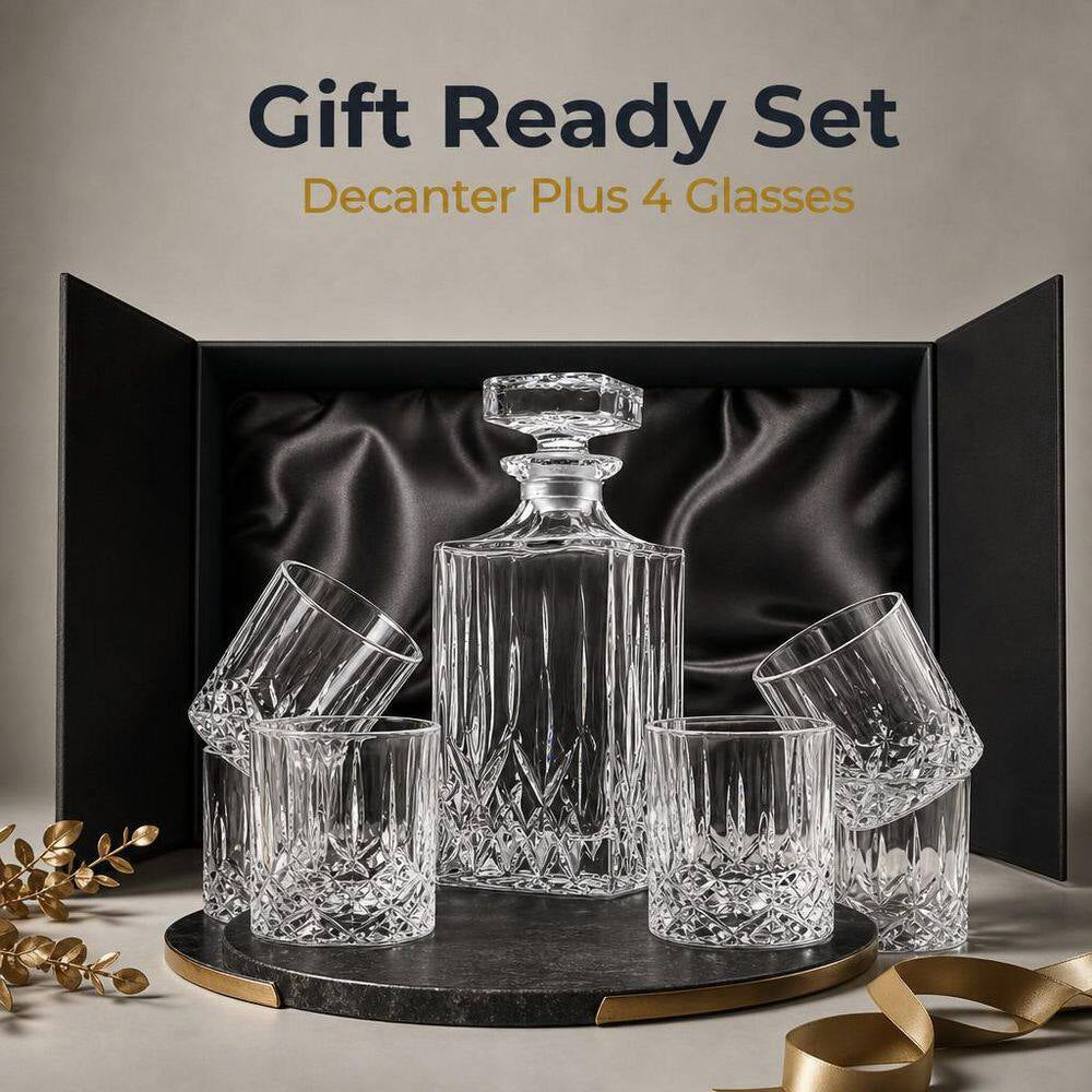 Sophisticated 30 Oz. Clarity Crystal Whiskey Decanter Set with 4 Elegant Glasses – Perfect for Home Bar and Gifting