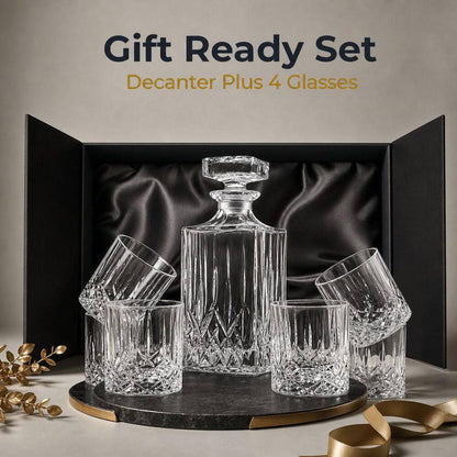 Sophisticated 30 Oz. Clarity Crystal Whiskey Decanter Set with 4 Elegant Glasses – Perfect for Home Bar and Gifting