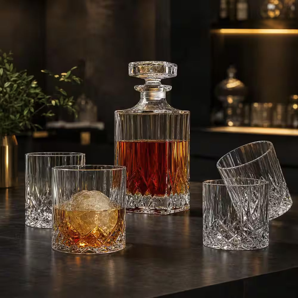 Sophisticated 30 Oz. Clarity Crystal Whiskey Decanter Set with 4 Elegant Glasses – Perfect for Home Bar and Gifting