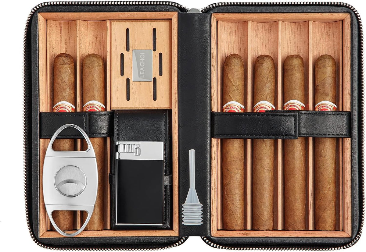 Cigar Humidor, Leather Cigar Case with Cedar Wood Lined, Portable Travel Cigar Humidor with Lighter and Cutter, Cigar Accessory Set, Cigar Gift Set - Black
