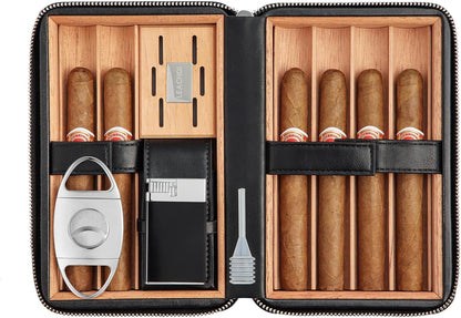 Cigar Humidor, Leather Cigar Case with Cedar Wood Lined, Portable Travel Cigar Humidor with Lighter and Cutter, Cigar Accessory Set, Cigar Gift Set - Black