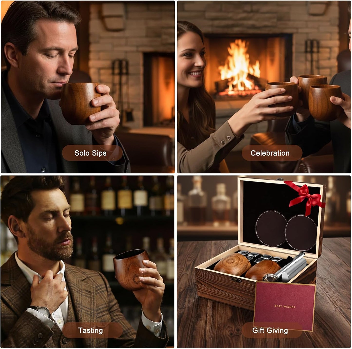 Charred Wooden Bourbon Drinking Glass Wooden Whiskey Glasses Set of 2 17-Piece Complete Whiskey Gift Set Old Fashioned Glass Bourbon Gifts for Men Dad, Husband, Brother (Silver Accents)