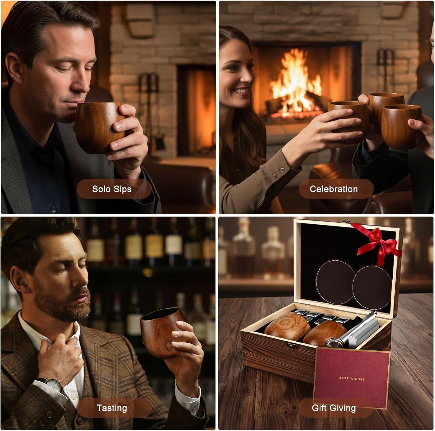 Charred Wooden Bourbon Drinking Glass Wooden Whiskey Glasses Set of 2 17-Piece Complete Whiskey Gift Set Old Fashioned Glass Bourbon Gifts for Men Dad, Husband, Brother (Silver Accents)