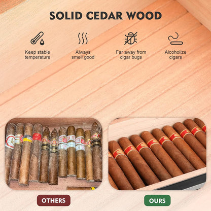 Cigar Humidor with 2 Drawers,Cigar Accessories with Humidifier,Humidor Cigar Box Solid Cedar Wood,Cigar Gifts for Men,Glass Top Humidor,Cigar Case Fit 25-50 Cigars,Desktop Cigar Box