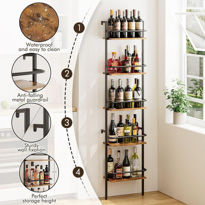 5-Tier Wine Rack Wall Mounted, Wine Racks Freestanding Floor with Fences, 50 Bottles Wine Bottle Holder Liquor Cabinet Bar Shelves for Home, Kitchen, Dining Room (Brown)