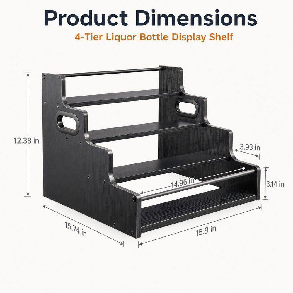 2-Pack 4-Tier 12.4 In. H X 16 In. W 16-Bottle Black Wooden Bar Shelves, Countertop Liquor Bottle Display Shelf