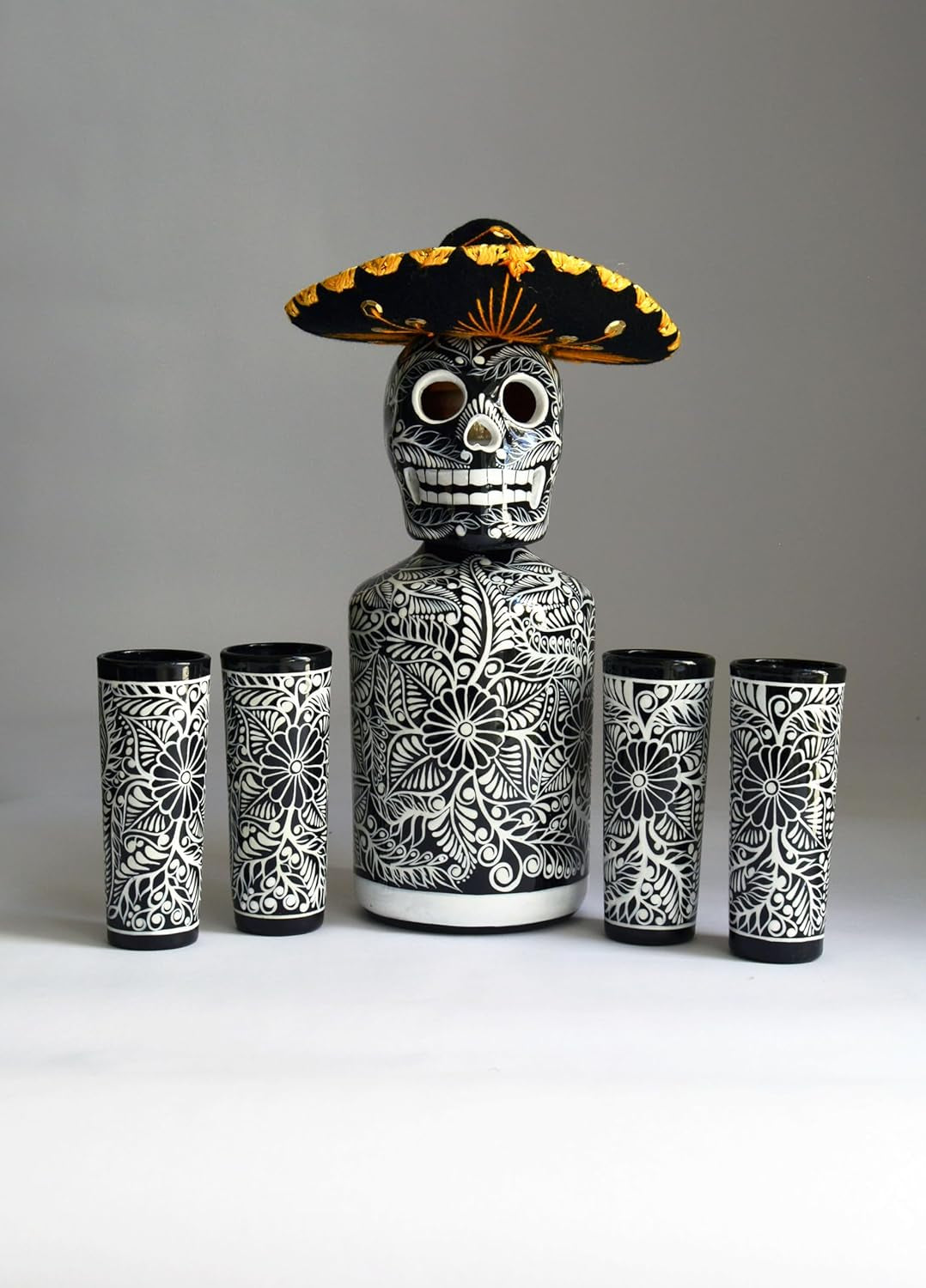 Tequila Decanter Set, Liquor Decanter with Shot Glasses and Mexican Sombrero, Hand-Painted Decanter, Skull Decanter, Bar Decoration, Unique Tequila Gift, Gift for Dad, (Black Decanter Set)