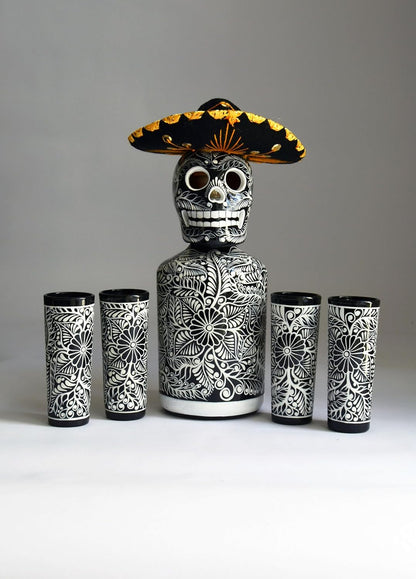 Tequila Decanter Set, Liquor Decanter with Shot Glasses and Mexican Sombrero, Hand-Painted Decanter, Skull Decanter, Bar Decoration, Unique Tequila Gift, Gift for Dad, (Black Decanter Set)