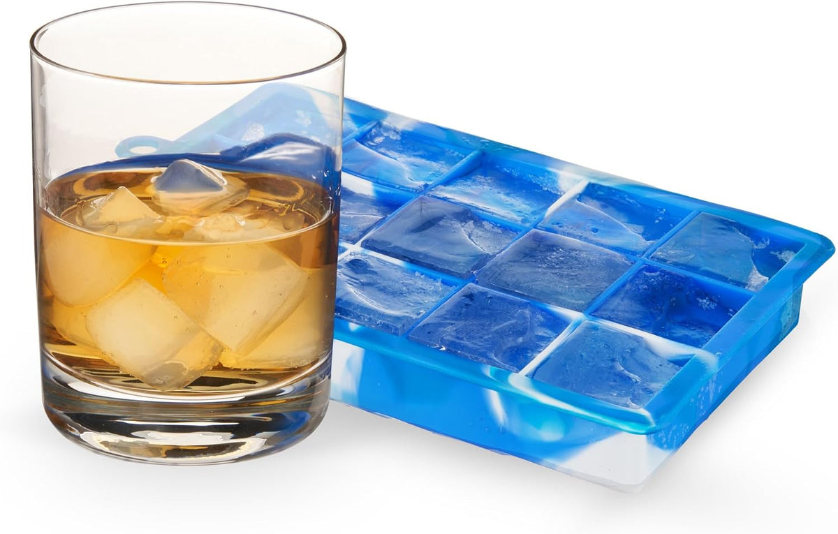 Ice Cube Tray with Lid, Makes 15 1.25" Cubes, Durable Silicone Trays, Perfect for Cocktails, Beverages, Mocktails, Iced Coffee, Tea, Infused Water, Kitchen Essentials, Set of 1, Blue Marble