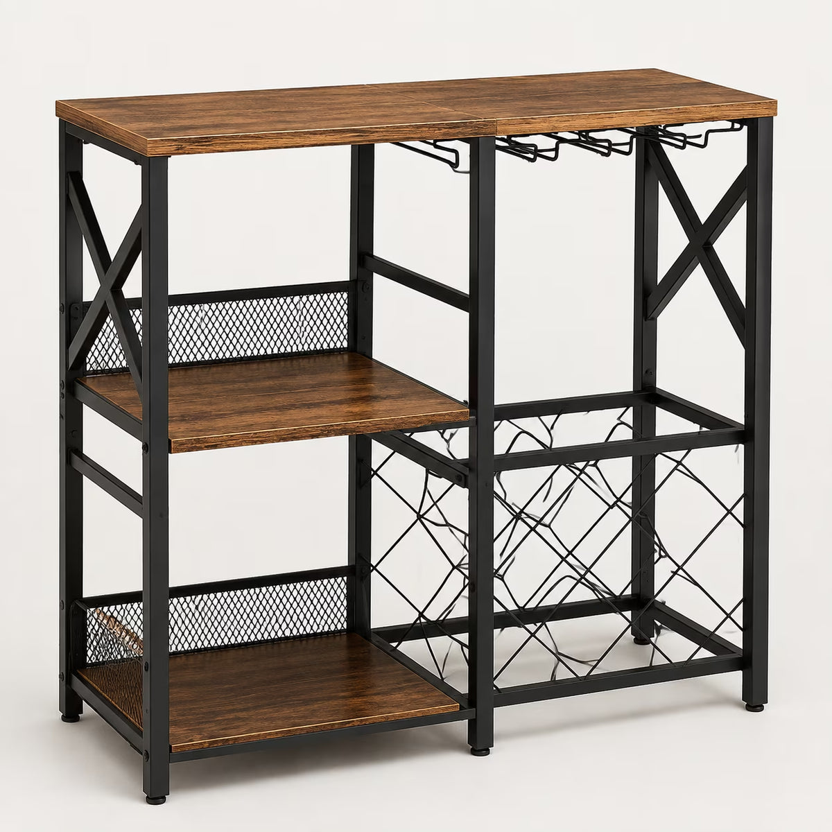 Wine Bar Cart, Rustic Freestanding Wine Rack with Glass Holder and Fence, Bar Cabinet with 2 Tier Storage, Liquor Shelf for Home Bar, Rustic Brown