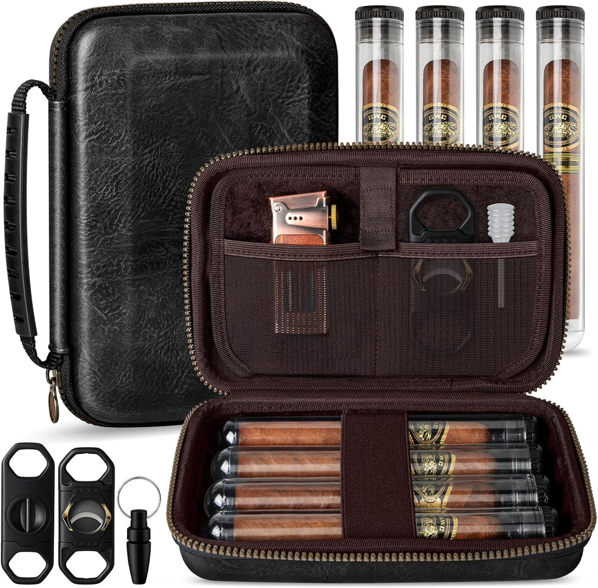 Travel Cigar Humidor Case, Portable Cigar Bag with 4 Cigar Tubes, Leather Cigar Case Include Straight Cutter, V Cutter, Hole Puncher, Gift Set for Cigar Lovers, Lighter Not Included (Black)