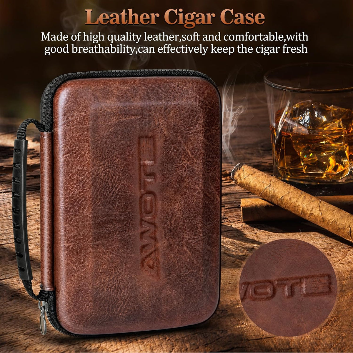 Travel Cigar Humidor Case, Portable Cigar Bag with 4 Cigar Tubes, Leather Cigar Case Include Straight Cutter, V Cutter, Hole Puncher, Gift Set for Cigar Lovers, Lighter Not Included (Brown)
