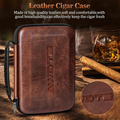 Travel Cigar Humidor Case, Portable Cigar Bag with 4 Cigar Tubes, Leather Cigar Case Include Straight Cutter, V Cutter, Hole Puncher, Gift Set for Cigar Lovers, Lighter Not Included (Brown)