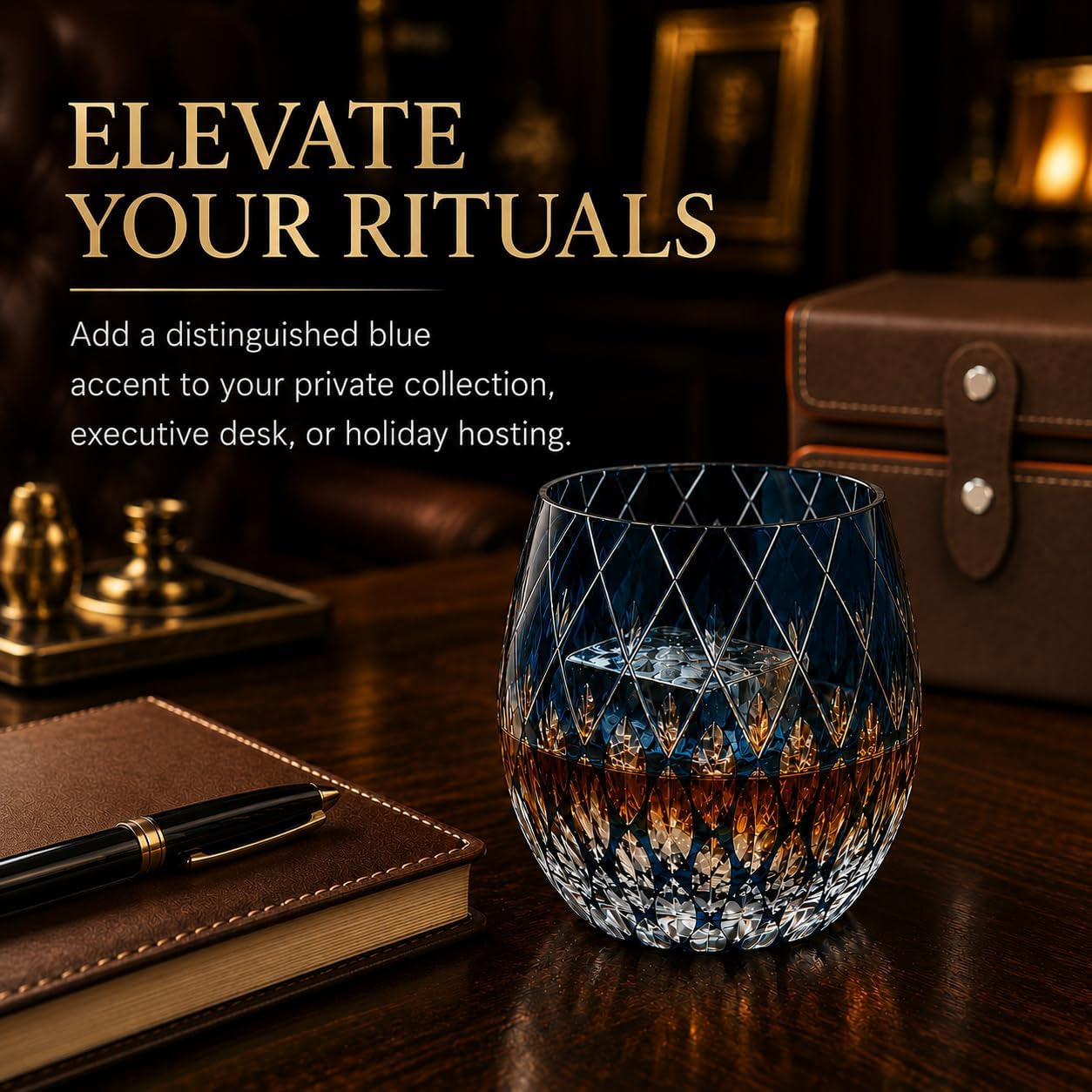 Blue Kiriko-Inspired Whiskey Glass with Gift Box, 10.8 Oz | Blue Hand-Cut Crystal Tumbler for Bourbon, Scotch, Old Fashioned Cocktails, Whiskey Stones and Gifting