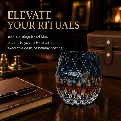 Blue Kiriko-Inspired Whiskey Glass with Gift Box, 10.8 Oz | Blue Hand-Cut Crystal Tumbler for Bourbon, Scotch, Old Fashioned Cocktails, Whiskey Stones and Gifting