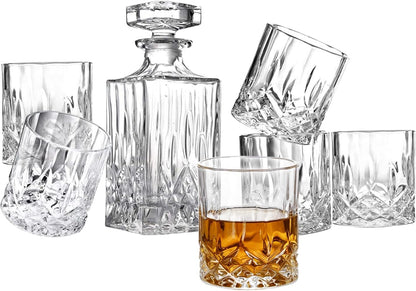 Whiskey Decanter Set with 6 Glasses, 750Ml Lead-Free Crystal Liquor Decanter Gift Set for Bourbon, Scotch, Whiskey & Rum, Home Bar Decanter Set for Men