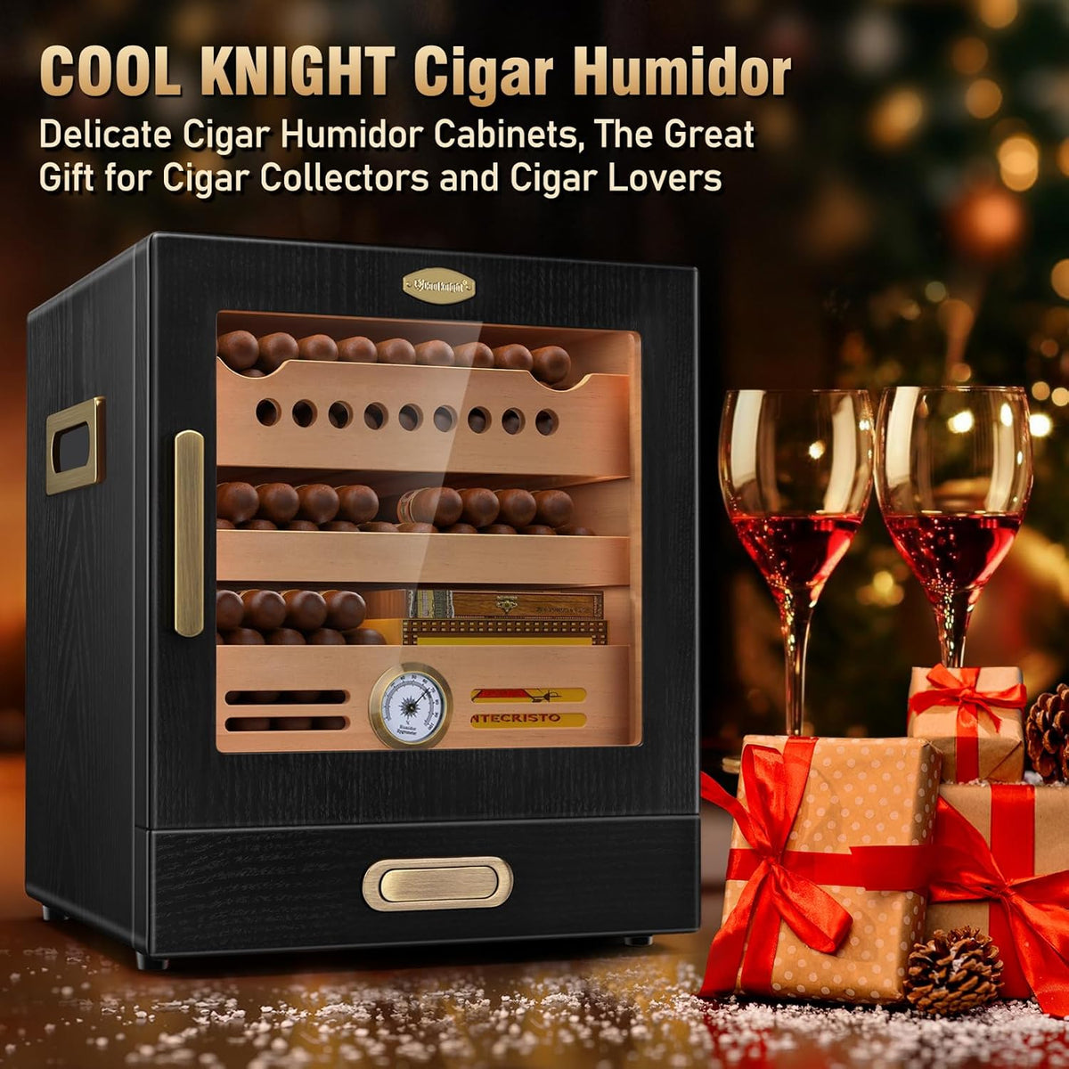 Cigar Humidor Cabinet, Cigar Cabinet Humidor with Spanish Cedar Wood Drawer, Precision Hygrometer, 2 Humidifiers, Cigar Accessories Drawer and Travel Cigar Case, Christmas for Cigar Lovers
