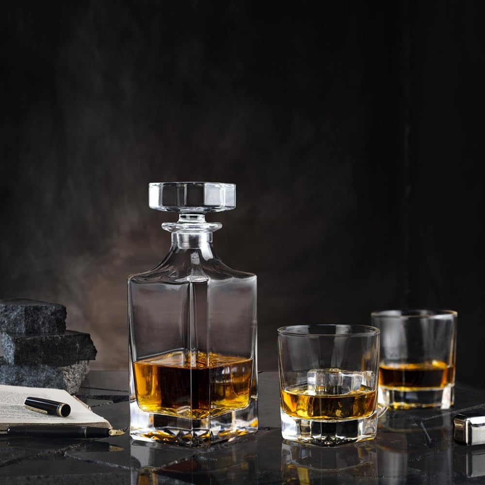 Square 25Oz Whiskey Liquor Decanter Set with 2 Glasses in Box