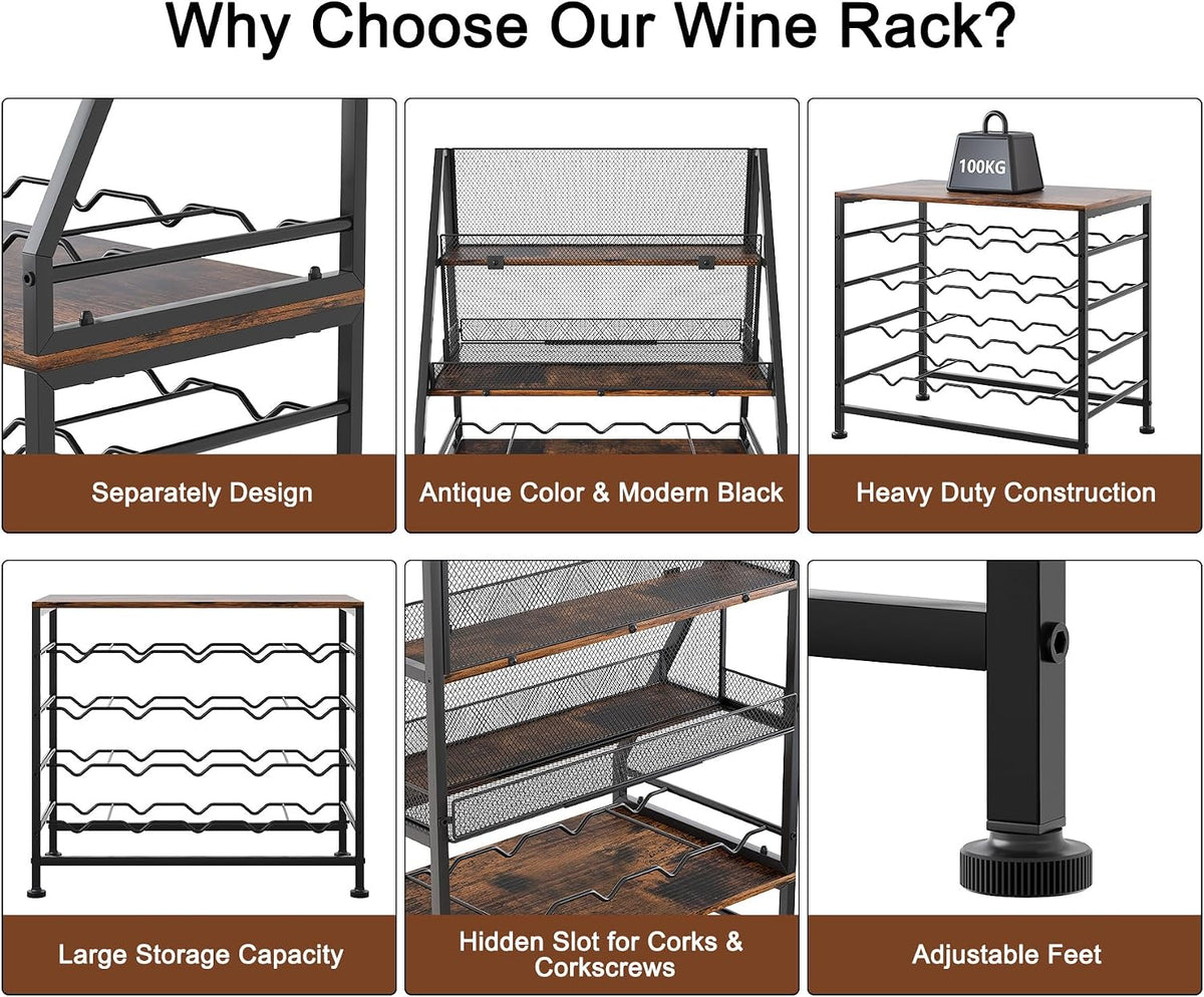 Wine Rack Freestanding Floor Modular Split 40 Bottles Vertical Countertop Wine Racks Tall Liquor Bottle Display Shelf with Hidden Cork Organizer for Home Bar, Black/Antique
