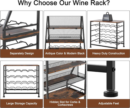 Wine Rack Freestanding Floor Modular Split 40 Bottles Vertical Countertop Wine Racks Tall Liquor Bottle Display Shelf with Hidden Cork Organizer for Home Bar, Black/Antique