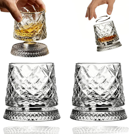 Spinning Whiskey Glass,Set of 2 – 360° Rotating Crystal Whiskey Tumblers with Heavy Base,Lead-Free Premium Glass for Bourbon & Scotch,Unique Gift for Men(A)
