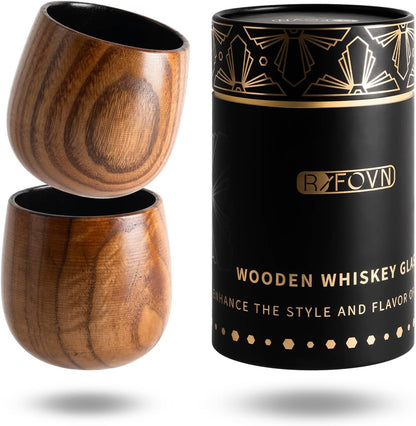 Wooden Whiskey Glasses 10Oz, Rustic Bourbon Glasses, Birthday Gifts for Men, Husband, Dad, Brother, Home Bar Drinkware (2 Pack)
