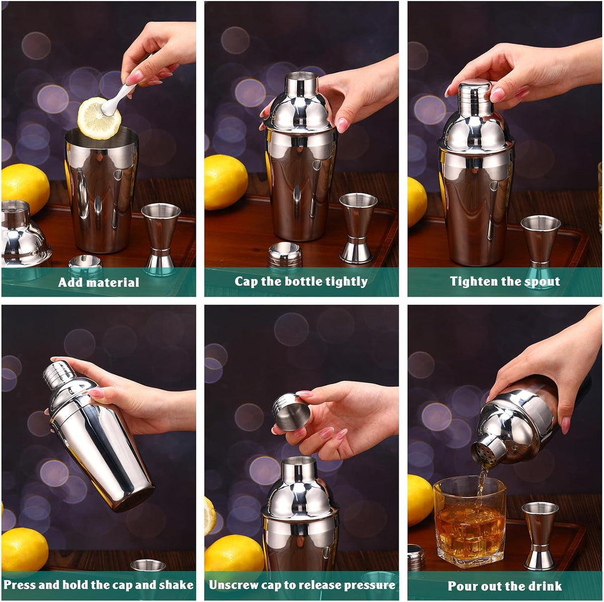 Cocktail Shaker Set Martini Shaker Bulk Stainless Steel Martini Mixer with Strainer and Double Measuring Jigger for Bar Party Home Use Wine Bar(18 Oz/ 550 Ml,4 Packs)