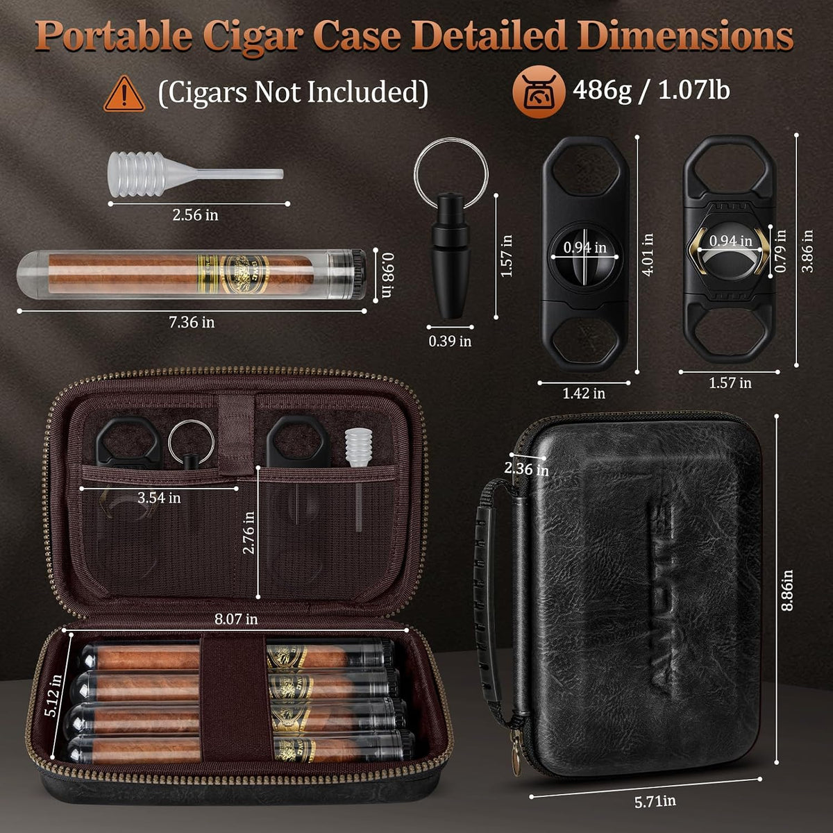 Travel Cigar Humidor Case, Portable Cigar Bag with 4 Cigar Tubes, Leather Cigar Case Include Straight Cutter, V Cutter, Hole Puncher, Gift Set for Cigar Lovers, Lighter Not Included (Black)