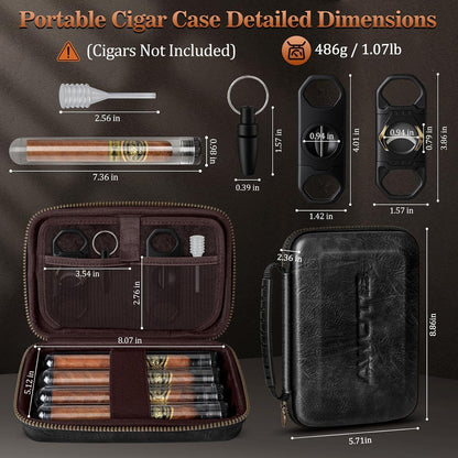 Travel Cigar Humidor Case, Portable Cigar Bag with 4 Cigar Tubes, Leather Cigar Case Include Straight Cutter, V Cutter, Hole Puncher, Gift Set for Cigar Lovers, Lighter Not Included (Black)