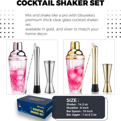 Cocktail Shaker Set with Jigger, Glass Shaker with Strainer