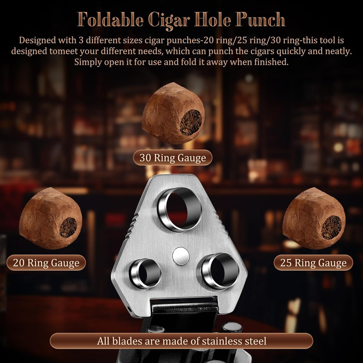 Cigar Punch with Cigar Holder Combo, Triple Punch Cutter and Stand | Mini Portable Cigar Accessories, Metal Cigar Hole Punch Cigar Rest Cigar Kit