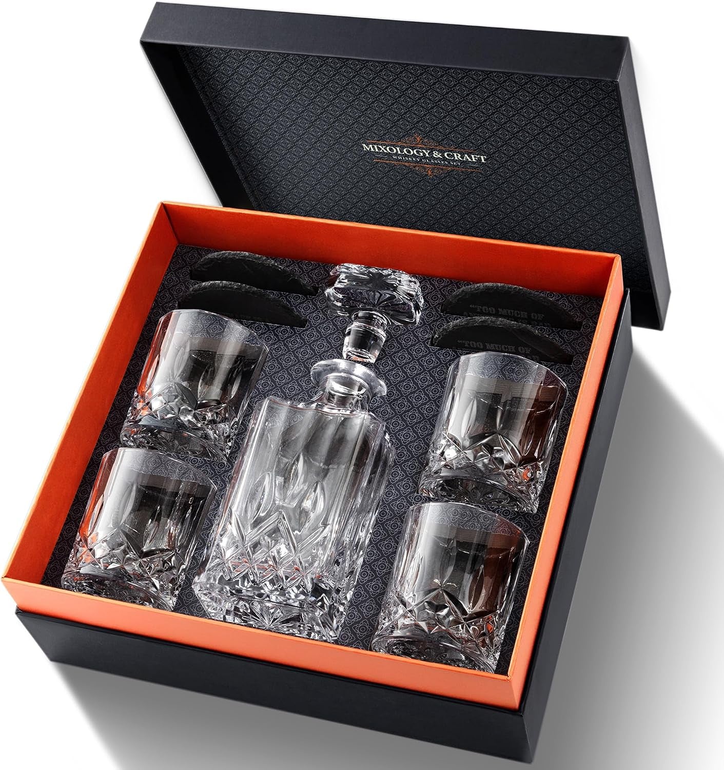 Luxury Whiskey Decanter Gift Set - 25Oz Crystal Decanter, 4 Old-Fashioned Glasses, 4 Slate Coasters with Diamond Pattern Premium Black Gift Box