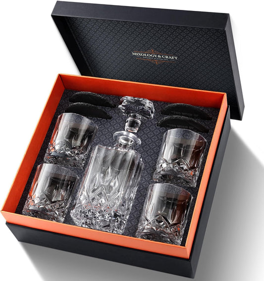 Luxury Whiskey Decanter Gift Set - 25Oz Crystal Decanter, 4 Old-Fashioned Glasses, 4 Slate Coasters with Diamond Pattern Premium Black Gift Box