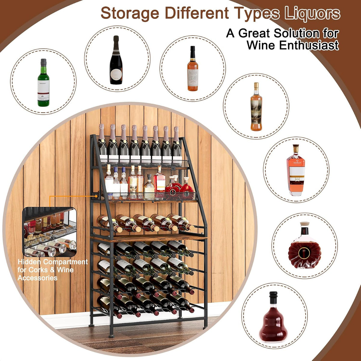 Wine Rack Freestanding Floor Modular Split 40 Bottles Vertical Countertop Wine Racks Tall Liquor Bottle Display Shelf with Hidden Cork Organizer for Home Bar, Black/Antique