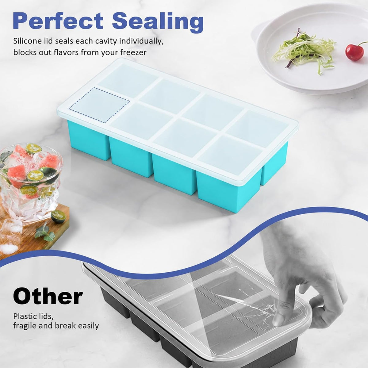 Large Ice Cube Trays for Whiskey:  Big Silicone Ice Cube Trays 2Inch - Huge Square Ice Cubed Tray for Whisky